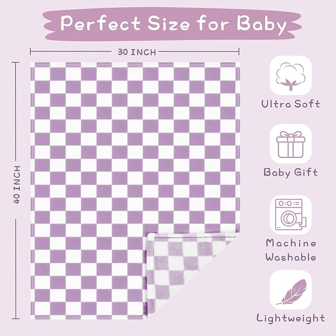 Yurhap Checkered Baby Blanket Fleece Baby Blankets for Girls, Ultra Soft Cozy Fluffy Infant Toddler Newborn Receiving Blankets for Crib Stroller, 30''x40'', Purple