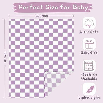 Yurhap Checkered Baby Blanket Fleece Baby Blankets for Girls, Ultra Soft Cozy Fluffy Infant Toddler Newborn Receiving Blankets for Crib Stroller, 30''x40'', Purple