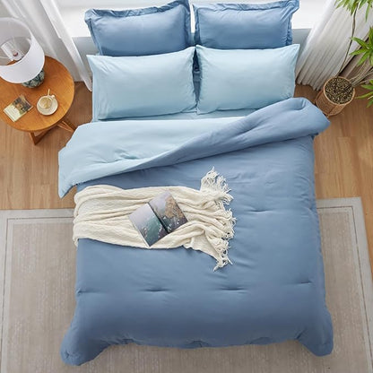 Navy Blue Comforter Set - 7 Piece Soft Bed in a Bag with Reversible Comforter, Sheets, Pillowcases & Shams - All Seasons Boho King Bed Set