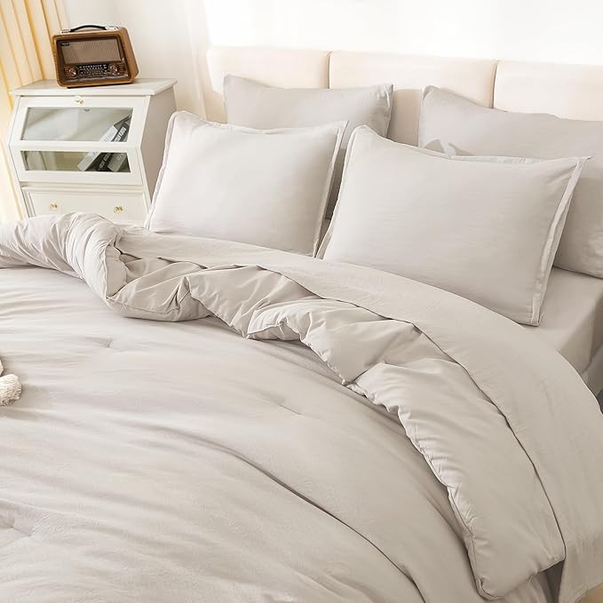 Litanika California King Comforter Set Linen - 7 Pieces Bed in a Bag Cal King Bedding Comforter Sets, Plain Lightweight Bed Set with Comforter, Sheets, Pillowcases & Shams