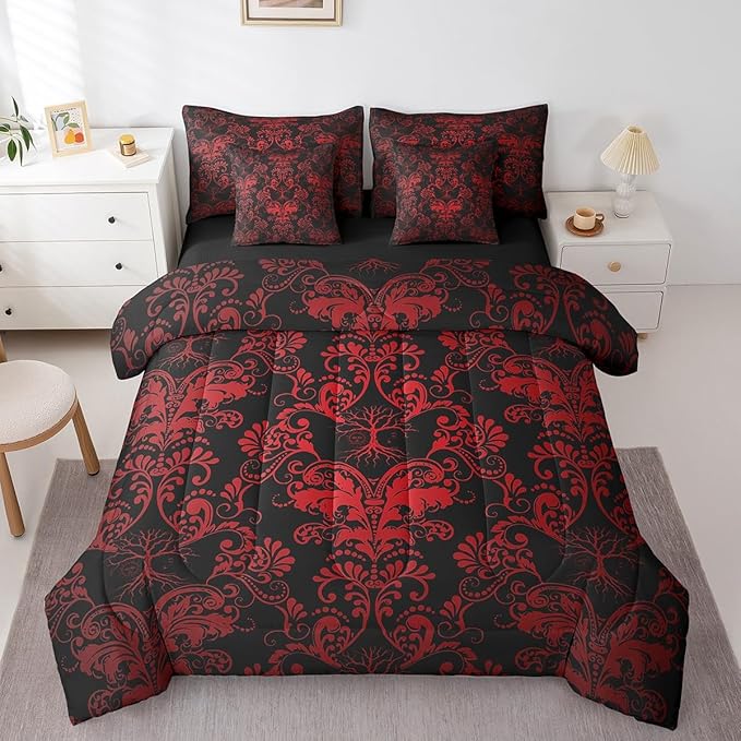 Erosebridal Gothic Damask Bed in a Bag King Size Comforter Set 7 Pieces,Sun Moon Tree of Life Bedding Sets Red Black Victorian Floral Goth Sheet Set with Comforter