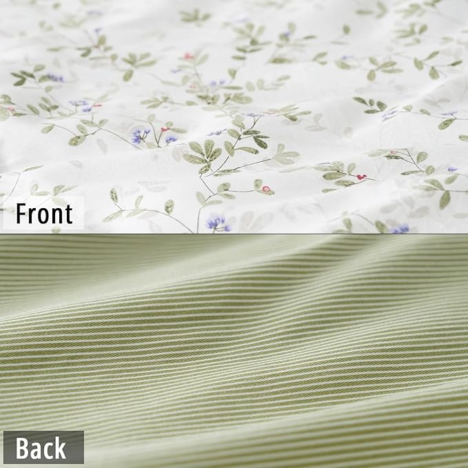Botanical Cotton Comforter Twin Size - Tender Green Comforter Printed with Leafy Branches & Purple Stamens on Off-White,Reversible Lightweight Bedding Sets 2Pcs