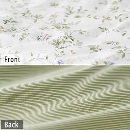 Botanical Cotton Comforter Twin Size - Tender Green Comforter Printed with Leafy Branches & Purple Stamens on Off-White,Reversible Lightweight Bedding Sets 2Pcs