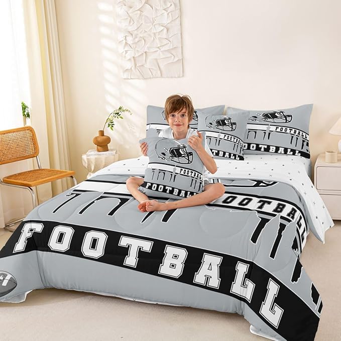 Erosebridal Football City 7 Pcs Comforter Set Full Football Bedding Boys Girls Grey Rugby Game Sheet Set Bed in A Bag Football Fans Bedroom Decor Sports Ball Competition Bed Set