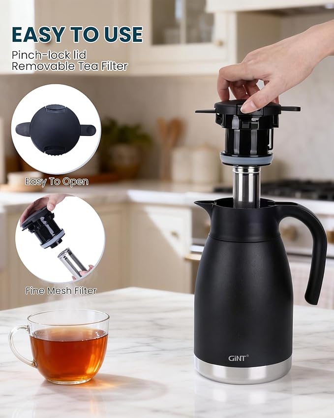 GiNT 51oz Thermal Coffee Carafe with Infuser – Insulated Tea Carafe, Removable Filter, Dishwasher-Safe | 1.5L 6–7 Cups, Wide Mouth, Leak-Proof Seal | Stainless Steel Beverage Server for Home & Office