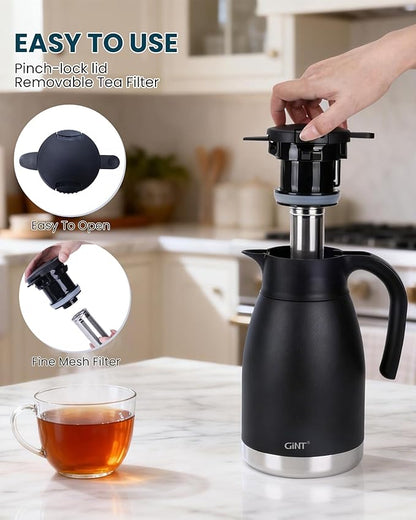 GiNT 51oz Thermal Coffee Carafe with Infuser – Insulated Tea Carafe, Removable Filter, Dishwasher-Safe | 1.5L 6–7 Cups, Wide Mouth, Leak-Proof Seal | Stainless Steel Beverage Server for Home & Office