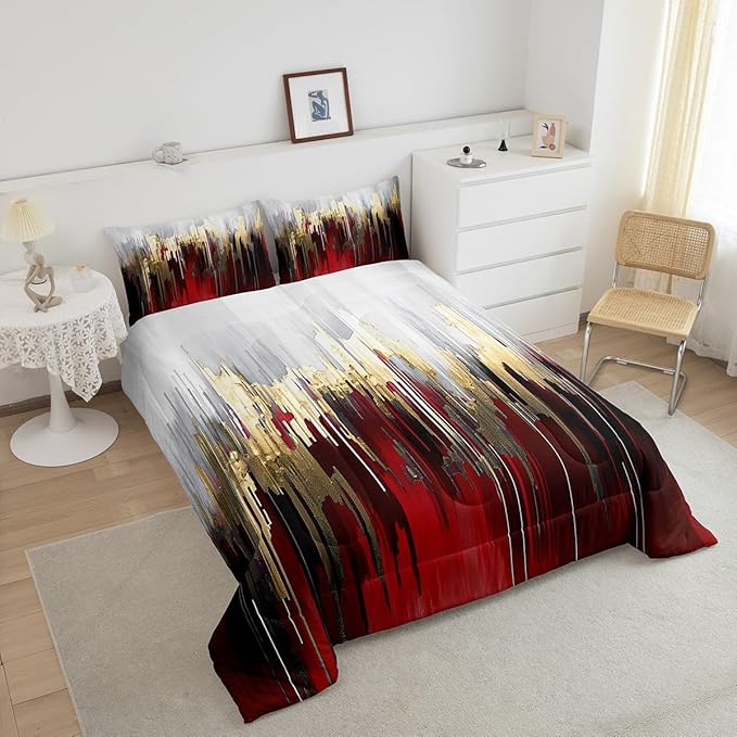 Erosebridal Burgundy Bedding Full Graffiti Ombre Comforter Set, Brush Strokes Oil Painting Down Comforter Modern Contemporary Bedding Comforter Sets, Gold Metallic Abstract Gradient Duvet Insert 3pcs