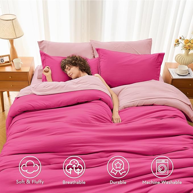 MUXHOMO 7 Pieces Full Comforter Set, Soft Bed in a Bag Full Size, All Season Bedding Set with Comforter, Flat Sheet, Fitted Sheet, Pillowcases & Shams, Hot Pink & Baby Pink