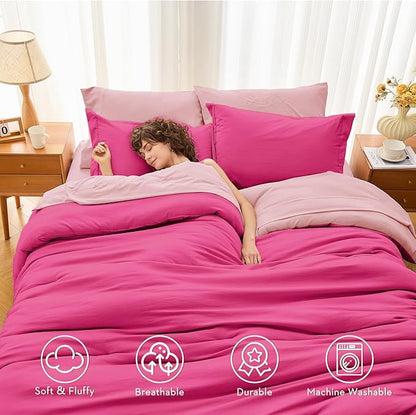 MUXHOMO 7 Pieces King Comforter Set, Soft Bed in a Bag King Size, All Season Bedding Set with Comforter, Flat Sheet, Fitted Sheet, Pillowcases & Shams, Hot Pink & Baby Pink