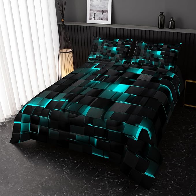 Neon Turquoise Black Comforter Set King Geometric Kids Bedding Set,3 PCS Geometry Honeycomb Bed Set Modern Quilt Set 1 Comforter 2 Pillow Cases Cool Room Decor All Season B-Side Black