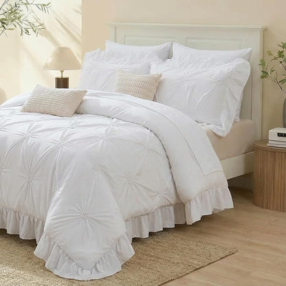 Bedbay White Ruffle Comforter Set King Size Ruched Bedding 9 Pcs King Bed in a Bag Pintuck Pinch Pleat Bedding Set Elegant Ruffle Farmhouse Boho Comforter Bed Set for All Seasons