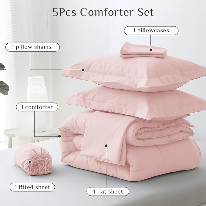 JOLLYVOGUE Twin Comforter Set, Ultra-Soft Bed in a Bag Twin Size 5 Pieces, Oeko-TEX Certified Bedding Set with Down Alternative Comforter, Sheets, Pillowcases & Shams, Blush Pink