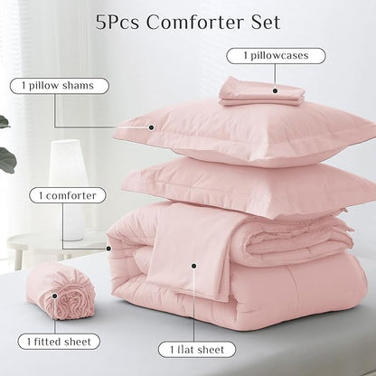 JOLLYVOGUE Twin XL Comforter Set, Ultra-Soft Bed in a Bag Twin XL Size 5 Pieces, Oeko-TEX Certified Bedding Set with Down Alternative Comforter, Sheets, Pillowcases & Shams, Blush Pink