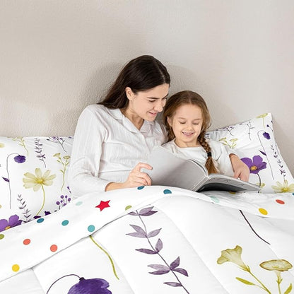 Erosebridal Watercolor Floral Comforter Set Queen Size, Purple Yellow Flower Bedding Set for Teens Adult Women Bedroom, Modern Minimalist White Down Comforter Pastoral Branches Aesthetic Quilt