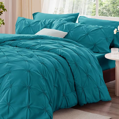 BEDELITE Teal Queen Comforter Set - 3 Pieces Boho Pintuck Bedding Comforter Sets, Lightweight Soft & Warm Bed Comforter Queen with 2 Pillowcases for All Season