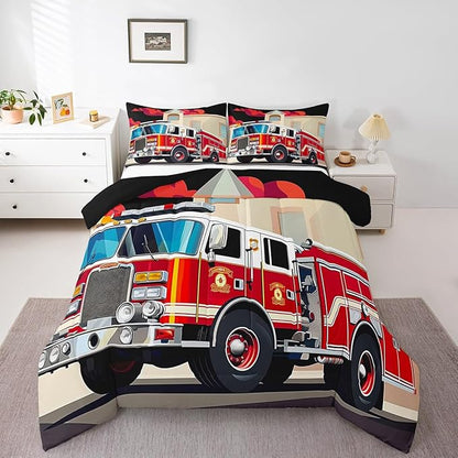 Erosebridal Fire Truck Bedding Set for Boys, Cartoon Fire Rescue Vehicle Comforter Set Child Car Down Comforter, Bedroom Decorations Quilted Duvet for Kids Teens Child Teenager Girls, Twin Size