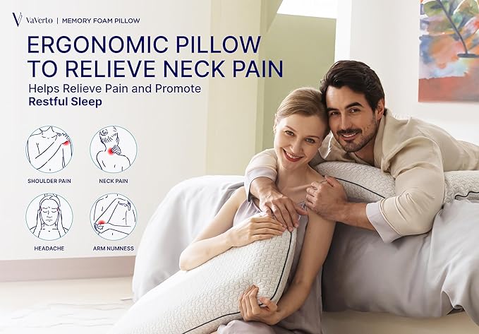 Vaverto Memory Foam Pillow 2-Pack – Cooling Gel-Infused Orthopedic Pillows for Neck and Shoulder Pain Relief, Firm Support with Removable Viscose Made from Bamboo Covers – Set of 2 Standard Size