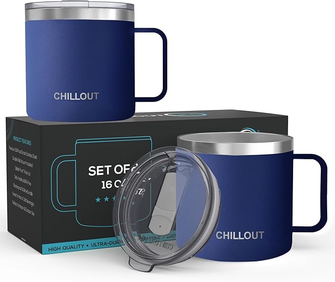 CHILLOUT LIFE 16 oz (Set of 2) Stainless Steel Vacuum Insulated Coffee Mug with Handle and Lid, Large Thermal Camping Coffee Mugs with Sliding Lid for Men & Women