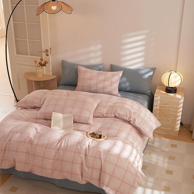 HighBuy Queen Comforter Set Gingham Plaid Boho Chic Bedding Comforter Bed Set Pink Checkered Grid Pattern Soft Fluffy Boho Comforter for Women Girls Queen Bed,Skin Friendly,All Season
