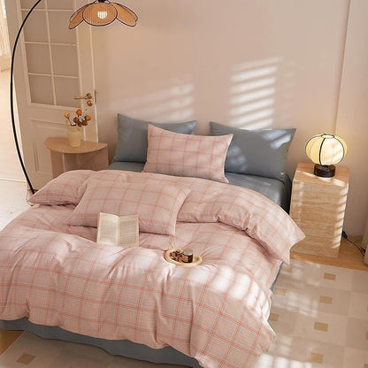 HighBuy Queen Comforter Set Gingham Plaid Boho Chic Bedding Comforter Bed Set Pink Checkered Grid Pattern Soft Fluffy Boho Comforter for Women Girls Queen Bed,Skin Friendly,All Season