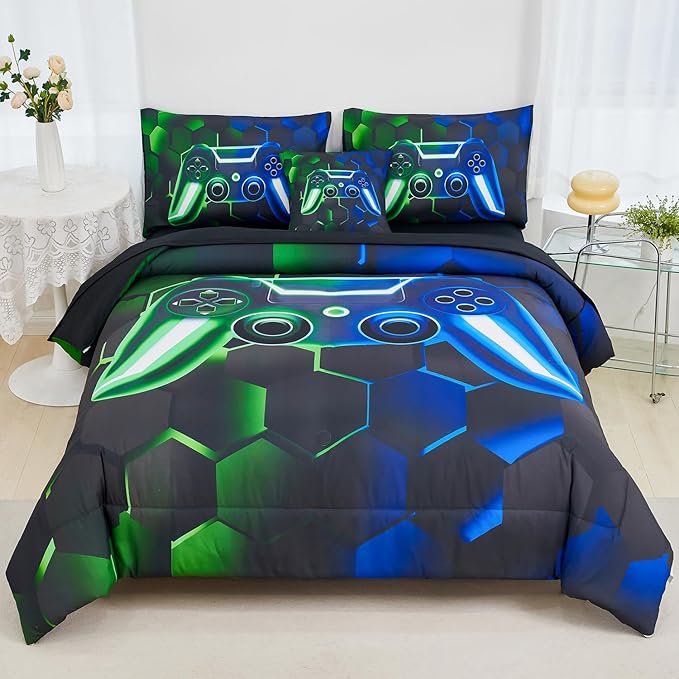 URBONUR Gaming Comforter Sets for Boys Queen Size Blue Green 6Pcs Gamer Bedding Set Queen Ultra Soft Fluffy Game Console Printed Kids Bed-in-a-Bag