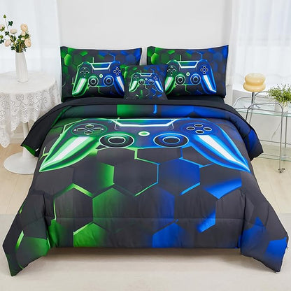 URBONUR Gaming Comforter Sets for Boys Queen Size Blue Green 6Pcs Gamer Bedding Set Queen Ultra Soft Fluffy Game Console Printed Kids Bed-in-a-Bag