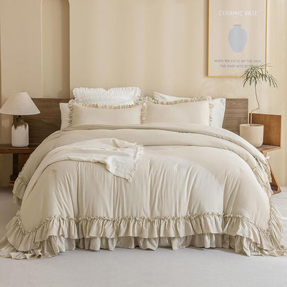 Masaca Twin Comforter with Ruffles,Shabby Boho Chic Ruffle Comforter Set Farmhouse Twin XL Bedding Sets,3pcs Vintage Aesthetic Kids Rustic Bedding Sets for Girls