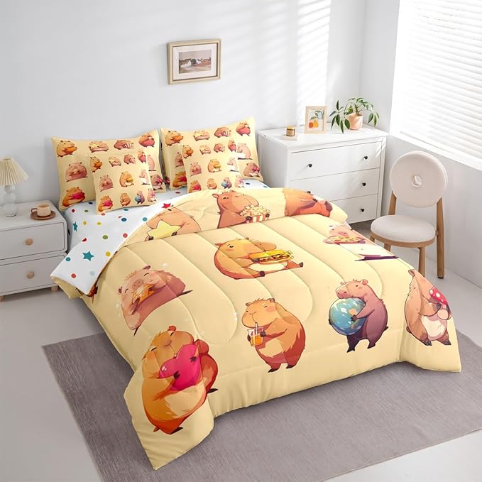 Erosebridal Funny Capybaras 7 Pieces Bedding Set Queen,Capybara Lover Bed in a Bag,Cartoon Rodents Bed Set Includes Comforter,Sheet Set,Pillowcases & Pillow Covers,Yellow Khaki Capybara Bedroom Decor
