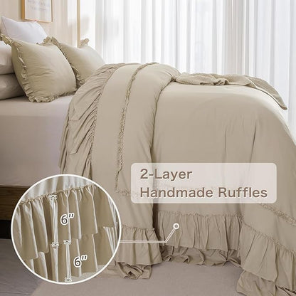 Masaca 120x120 Oversized Comforter King Size,Farmhouse Shabby Boho Chic Ruffle California King Bed Comforter Set French Country Rustic Bedding 3PCS (1 Ruffled Comforter+2 Pillow Shams)
