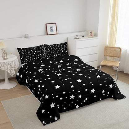 Starry Sky Comforter Set Queen Size Galaxy Star Bedding Set for Kids Boys Girls, Outer Space Down Comforter, Black and White Geometric Polka Dots Quilt Set Warm Soft Bedroom Decor 2 Pillow Cases