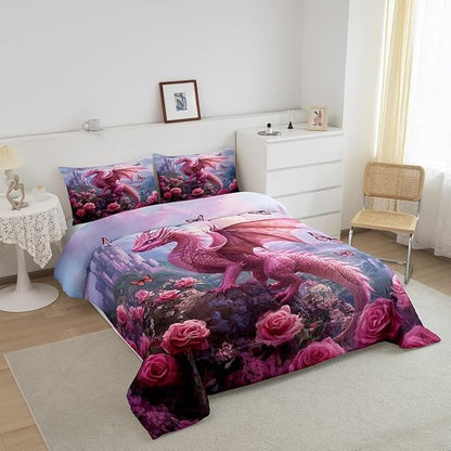 Manfei Western Dragon Kids Toddler Comforter Sets,Pink Flowers Butterfly Reversible Bedding Set for KidsChildren,Princess Castle Animal 2 Pieces Quilt Sets,3D Wildlife Duvet Insert,1 Pillow Case