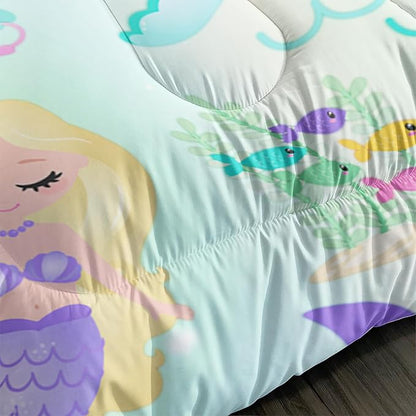Rainbow Mermaid Comforter Set Twin/Full/Queen Size Fairy Tale Sea Shell Grass Bedding Set Starfish Jellyfish Quilt Bed Set for Kid Girls with 1 Comforter and 2 Pillowcases