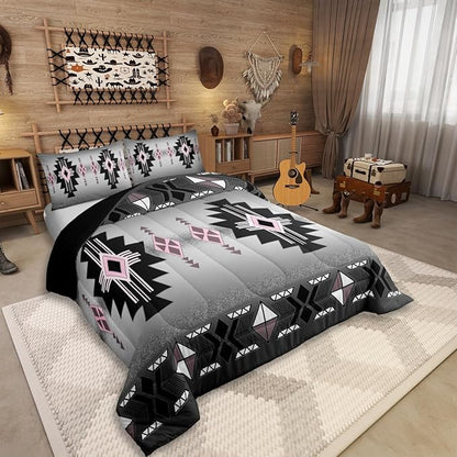 Erosebridal Pink Western Comforter Set Toddler Size, Southwestern Aztec Bedding Set for Boys Teens Men Bedroom, Exotic American Native Bedding Comforter Sets Vintage Bohemian Geometric Quilt, Grey