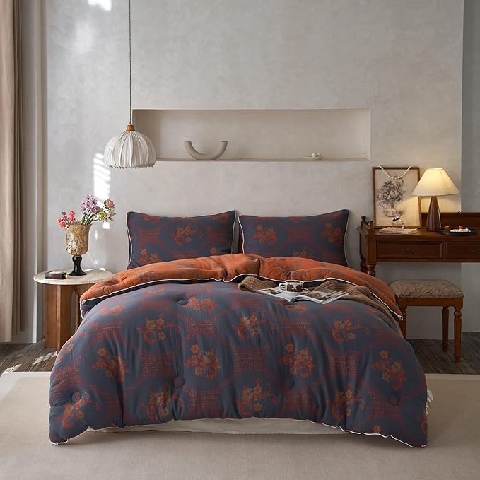MKXI Floral Linen Comforter Set Full Navy Blue Classic Comforter Bedding for Vintage Aesthetic Bedroom Romantic Floral Bed Comforters for Girls Women Cozy Cotton Jacquard Weave Double Yarn Comforter