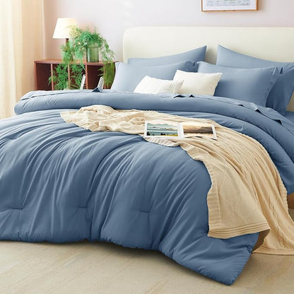 CozyLux Oversized King Comforter Set Grayish Blue, 7 Pieces Bed in a Bag Comforter Set with Sheets, Soft Bedding Sets with Down Alternative Comforter, Fitted Sheet, Flat Sheet, Pillowcases and Shams