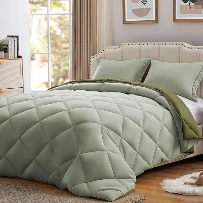 NexHome Twin Comforter Set Olive&Sage,2 Pieces Lightweight Comforters Twin Size Reversible Bedding Comforters Sets,Down Alternative Comforter Bed Set Quilt Blanket(68x88In Comforter & 1 Pillowsham)