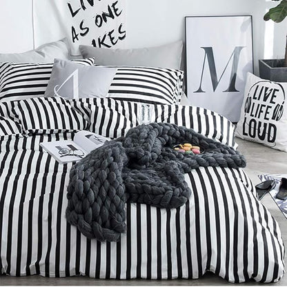 KAREVER White and Black Stripes Comforter Set Cal King Women Bedding Set Soft Durable Girls White Striated Bedding Set Hotel Quality Blanket