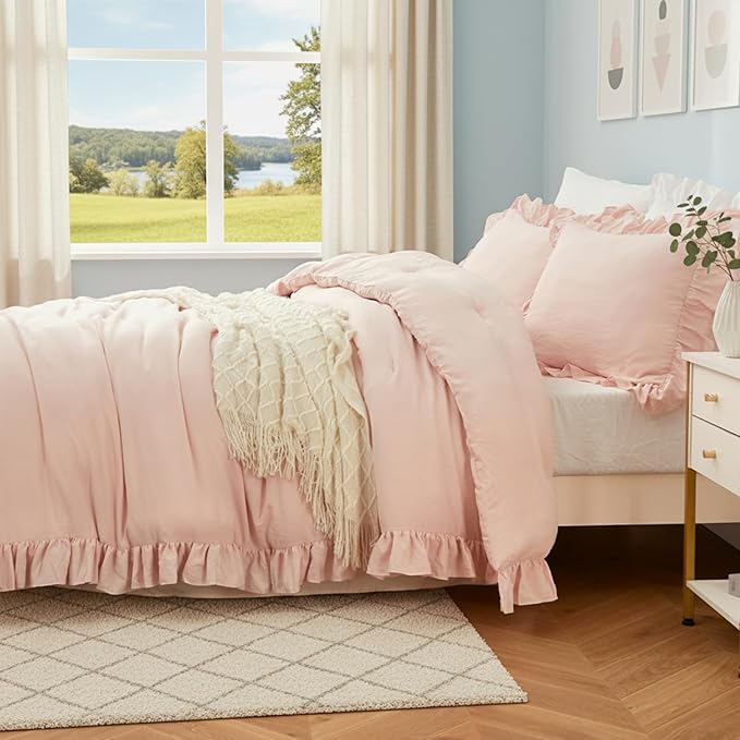 CAROMIO Pink Ruffled Twin Comforter Set, 2PCS Soft Washed Microfiber Lightweight & Fluffy All-Season Bedding Comforter with Vintage French Country Style, Pink, 68x90 in