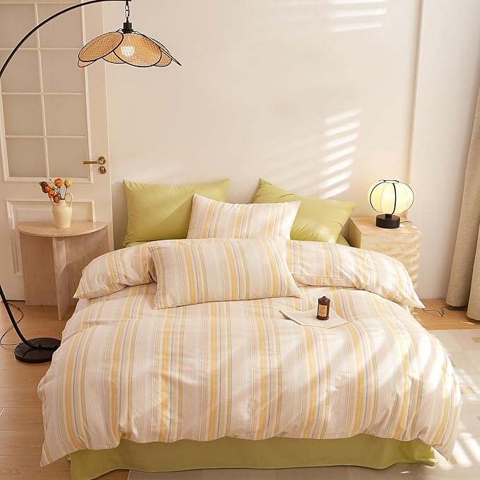 HighBuy Striped Comforter Set Twin XL,Yellow Striped Comforter Teen Boys Lightweight Soft Bedding Sets Vintage Stripes Pattern Comforter Set 3 Pieces,Fluffy Bedding with 2 Pillowcases