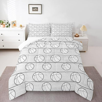 Manfei Basketball Comforter Set Full Size, Sports Gaming Theme Bedding Set for Kids Boys Girls Room Decor, Grey Wooden Plsnk Down Comforter, Lightweight Duvet Insert,2 Pillowcases