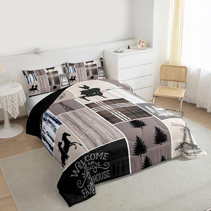 Erosebridal Kids Horse Bedding Set, Western Farmhouse Windmill Comforter Set Rustic Cabin Decor, Southwestern Cowboy Horseshoe Quilt Full for Boys Teens Adult, Grid Plaid Patchwork Down Comforter