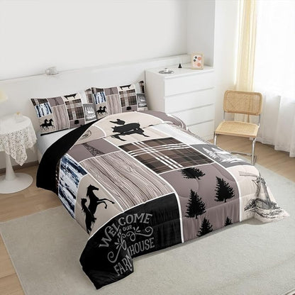 Erosebridal Kids Horse Bedding Set, Western Farmhouse Windmill Comforter Set Rustic Cabin Decor, Southwestern Cowboy Horseshoe Quilt Full for Boys Teens Adult, Grid Plaid Patchwork Down Comforter