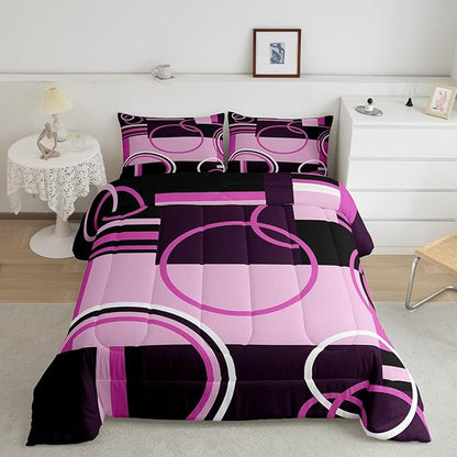Vintage Swirls Bedding Sets Queen Purple Black Grey Duvet Set Retro Graphic Patchwork Quilted Comforter Soft Microfiber Down Comforter, 3Pcs