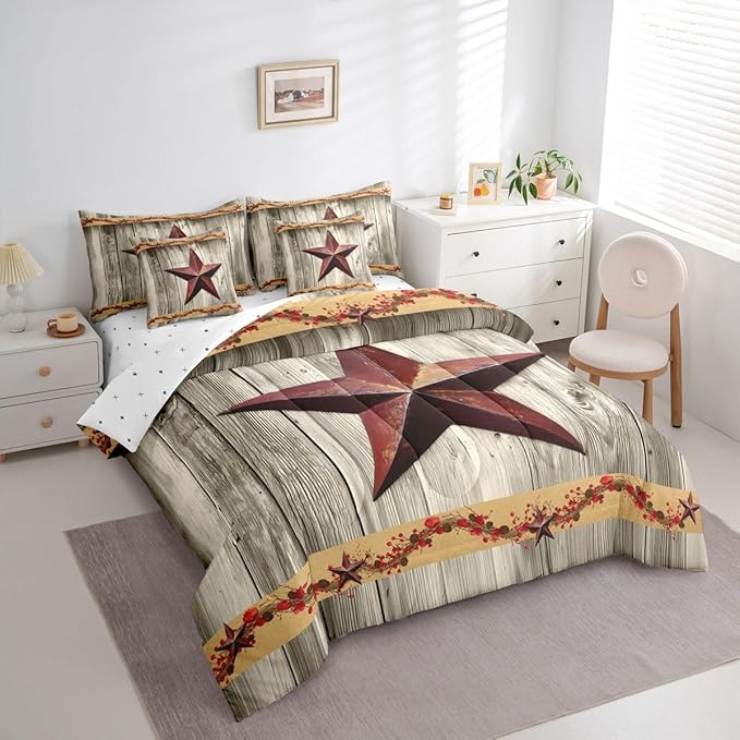 Erosebridal Western Texas Star 7 Pieces Bedding Set Queen Size Retro Farmhouse Barn Comforter Set for Teens Kids Bedroom Terracotta Star Print Comforter with Sheets Rustic Vintage Grain Duvet Insert