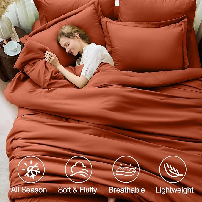 FUANNA Queen Comforter Set Burnt Orange, 7 Pieces Soft Bedding Sets Queen Size, All Season Lightweight Bed in a Bag with Comforter, Flat Sheet, Fitted Sheet, Pillowcases & Shams