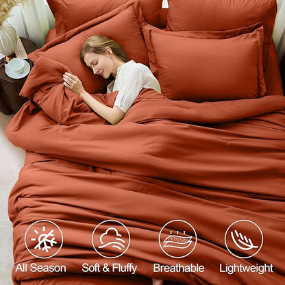 FUANNA Queen Comforter Set Burnt Orange, 7 Pieces Soft Bedding Sets Queen Size, All Season Lightweight Bed in a Bag with Comforter, Flat Sheet, Fitted Sheet, Pillowcases & Shams