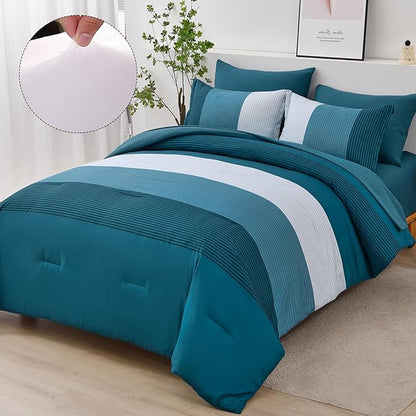Anibedding Teal Comforter Set King Size 7 Piece Teal Blue Striped Bedding Set All Season Bed in a Bag King, Soft Microfiber Filling Comforter Duvet, Flat/Fitted Sheets and Pillowcases (103"×90")