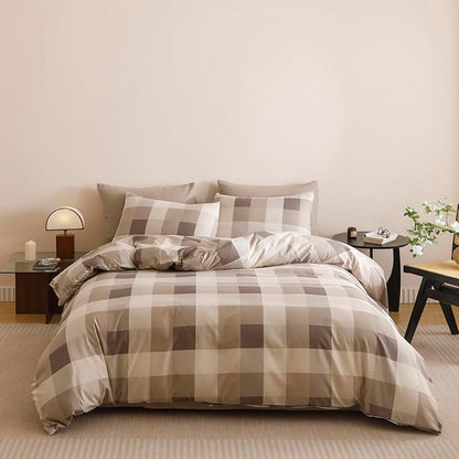 CLOTHKNOW Buffalo Plaid Comforter Set California King 3Pcs Tartan Bedding Comforter Sets Khaki Brown Beige Geometric Comforter Cal King Sets with 2 Pillowcases