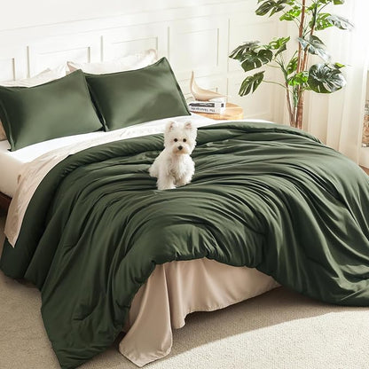 Litanika Dark Olive Green Comforter Set King, 3 Pieces Solid Bedding Comforter Set, All Season Fluffy Bed Set (104x90In Comforter & 2 Pillowcases)