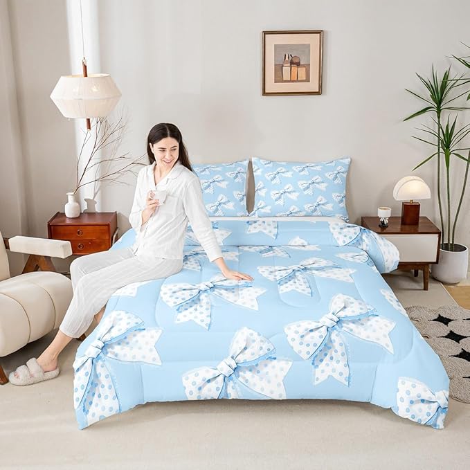 Erosebridal Blue Cartoon Bowknot King Bedding Set For Girls,Cute Kawaii Dot Bow Comforter Set Girly Coquette Princess Style Bedding Comforter Sets For Kids Teen Adults,Romantic Aesthetic Bow Tie Quilt